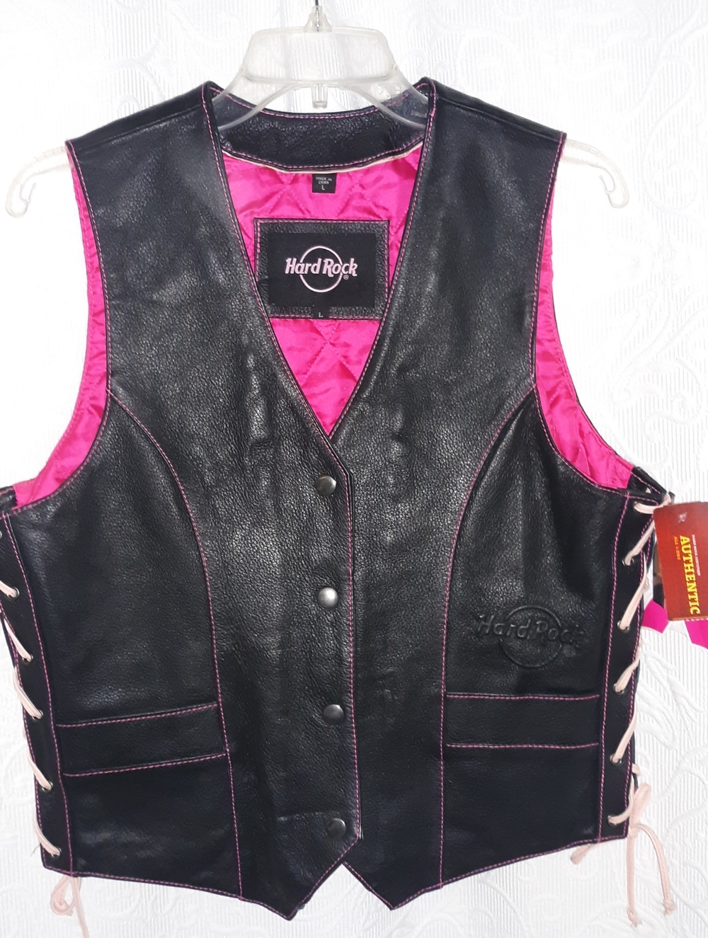 New Vintage HARD ROCK biker Leather Vest..breast Cancer Awareness